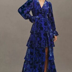 Hutch  Bardot Long-Sleeve V-Neck Velvet Burnout Wrap Tiered Maxi Dress SZ L